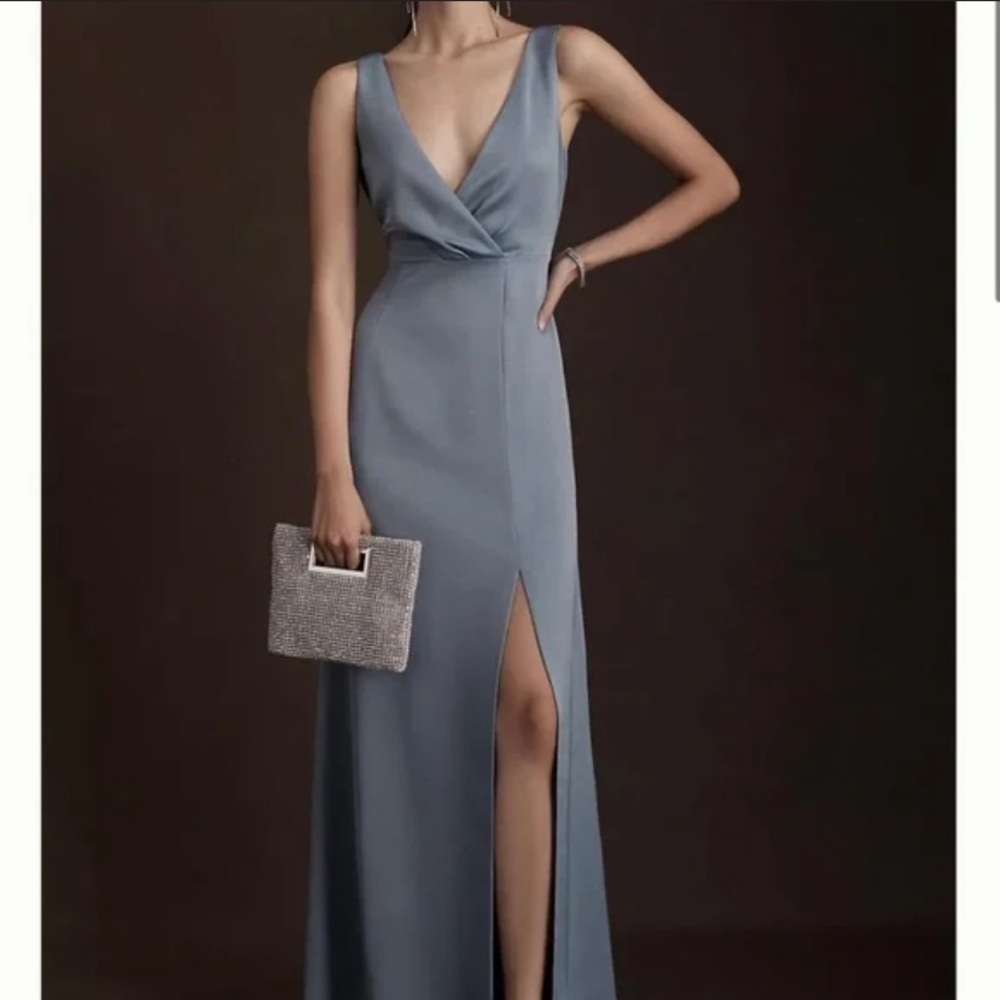 BHLDN Piper Bridesmaid Dress Dusty Blue Anthropolgie maxi gown satin 14 NWT $350